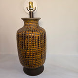 Pair of Vintage 1970s Large Glazed Textured Orange & Brown Ceramic Table Lamps
