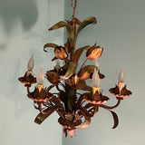 Vintage 1960s Italian Tole 5-Light Painted Floral Chandelier MCM Pendant
