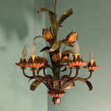 Vintage 1960s Italian Tole 5-Light Painted Floral Chandelier MCM Pendant