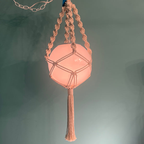 plant hanger with light 12" Acrylic Globe Swag Pendant Light with Handmade Macrame Holder by Practical Props