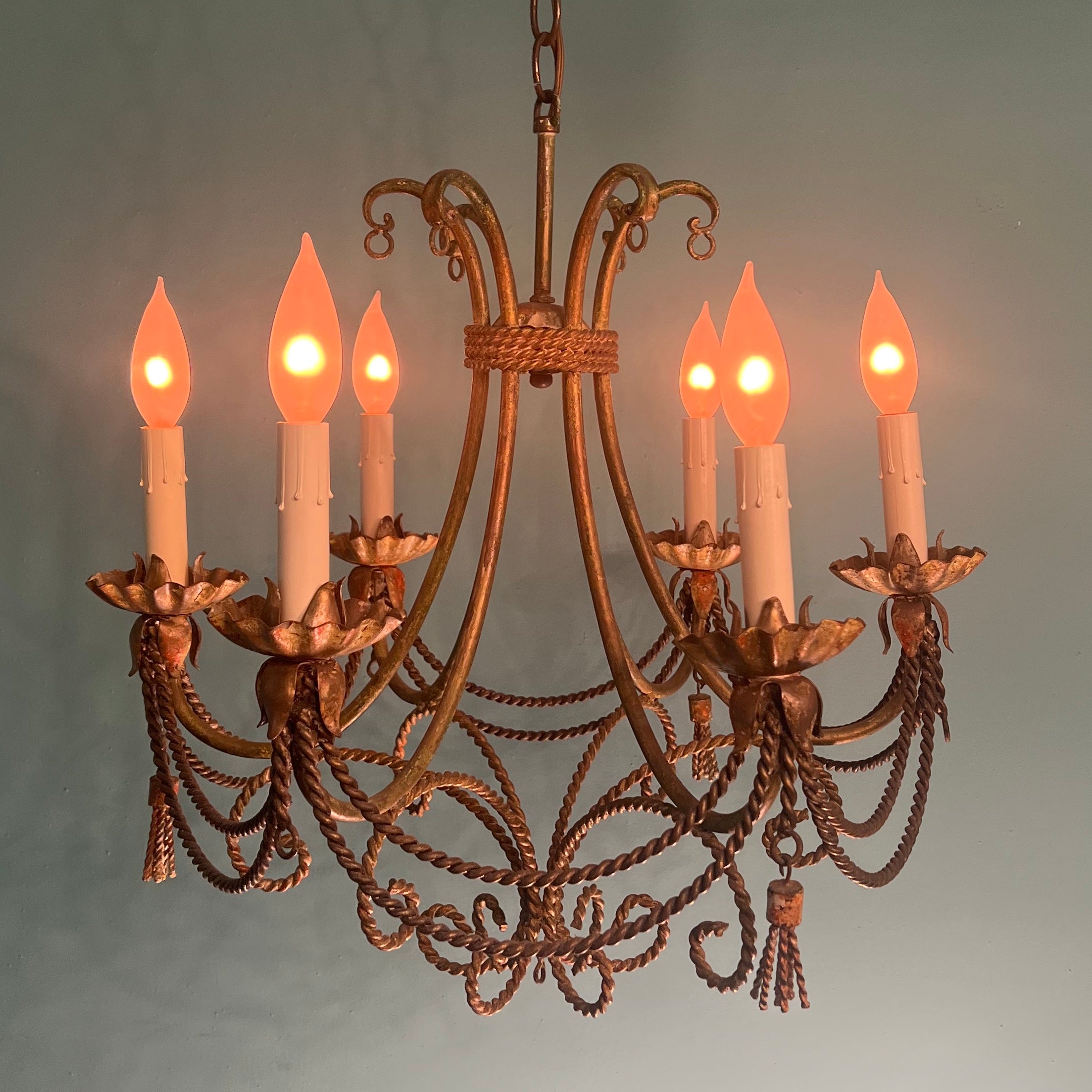 Vintage Italian Tole Hand-Painted 6-light Gilt Chandelier with