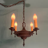 Vintage 1920s Hand Made Iron 4-light Pendant in Antique Bronze Pendant- Art Deco Spanish Antique Lighting