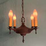 Vintage 1920s Hand Made Iron 4-light Pendant in Antique Bronze Pendant- Art Deco Spanish Antique Lighting