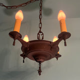 Vintage 1920s Hand Made Iron 4-light Pendant in Antique Bronze Pendant- Art Deco Spanish Antique Lighting