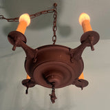 Vintage 1920s Hand Made Iron 4-light Pendant in Antique Bronze Pendant- Art Deco Spanish Antique Lighting