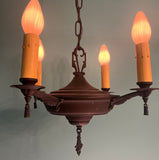 Vintage 1920s Hand Made Iron 4-light Pendant in Antique Bronze Pendant- Art Deco Spanish Antique Lighting