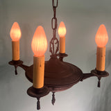 Vintage 1920s Hand Made Iron 4-light Pendant in Antique Bronze Pendant- Art Deco Spanish Antique Lighting