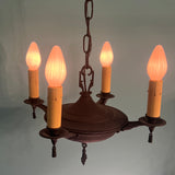 Vintage 1920s Hand Made Iron 4-light Pendant in Antique Bronze Pendant- Art Deco Spanish Antique Lighting