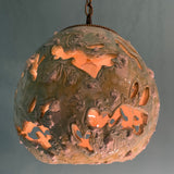 Vintage Handblown Blue & Green Ceramic Textured Pendant Light with Brass Plug-In Swag Hardware