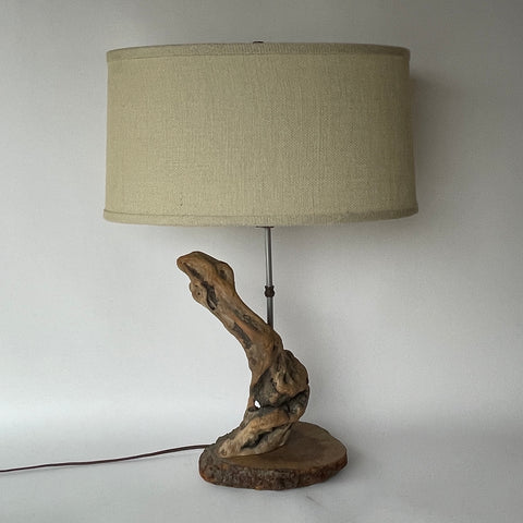 Vintage Handmade Driftwood Table Lamp with Oval Burlap Lamp Shade 