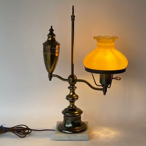 Vintage Early American Oil Lamp Brass Table Lamp with Marble Base and Honey Caramel Student Glass Shade