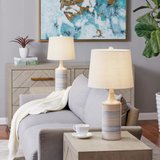 Felicia Pair of Striped Blue and White Ceramic Table Lamps with Linen Shades