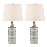 Felicia Pair of Striped Blue and White Ceramic Table Lamps with Linen Shades