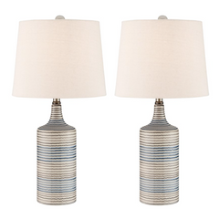 Felicia Pair of Striped Blue and White Ceramic Table Lamps with Linen Shades