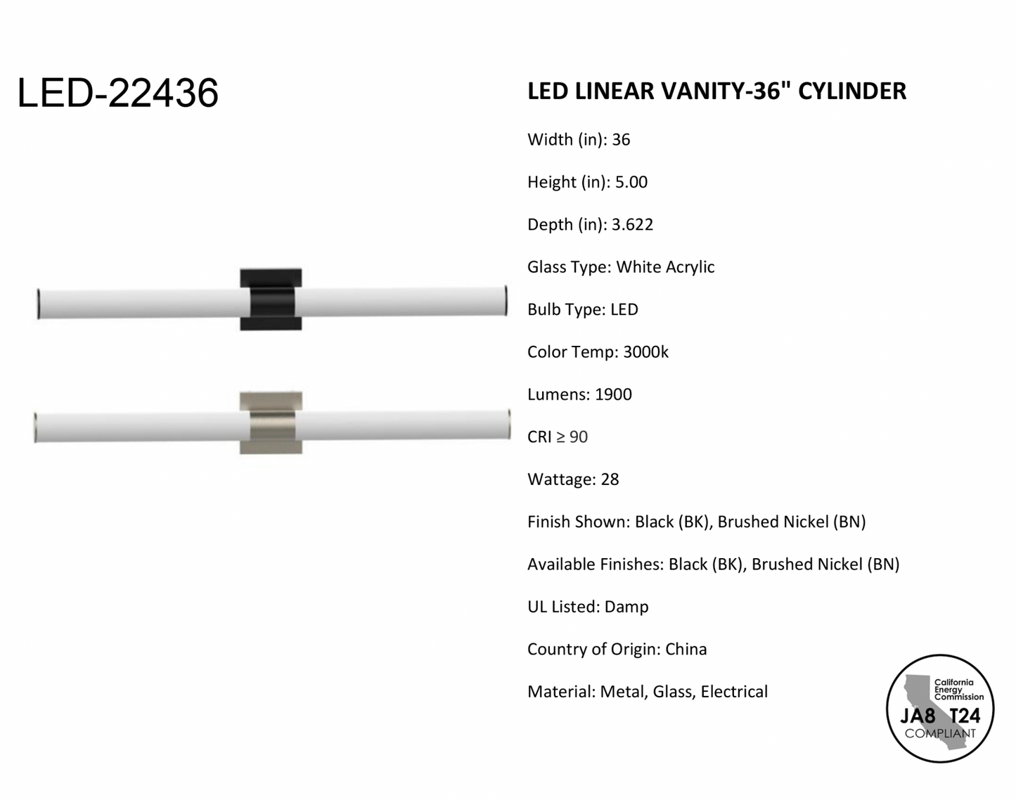 Ackerman 36" LED Linear Cylinder Vanity Wall Sconce in Satin Black or Brushed Nickel