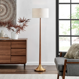Portillo Retro MCM Brass & Birch Wood Laurel Floor Lamp with Linen Drum Shade