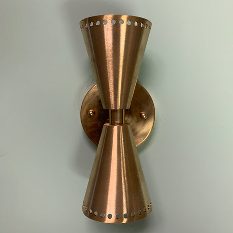 Mini Pinhole Dual Cone Sconce in Raw Brass by Practical Props