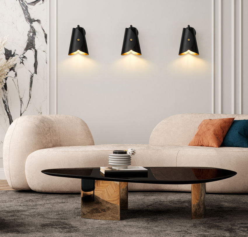 Salone Modern Curved Cone Interior Wall Sconce in Matte Black or White + Gold