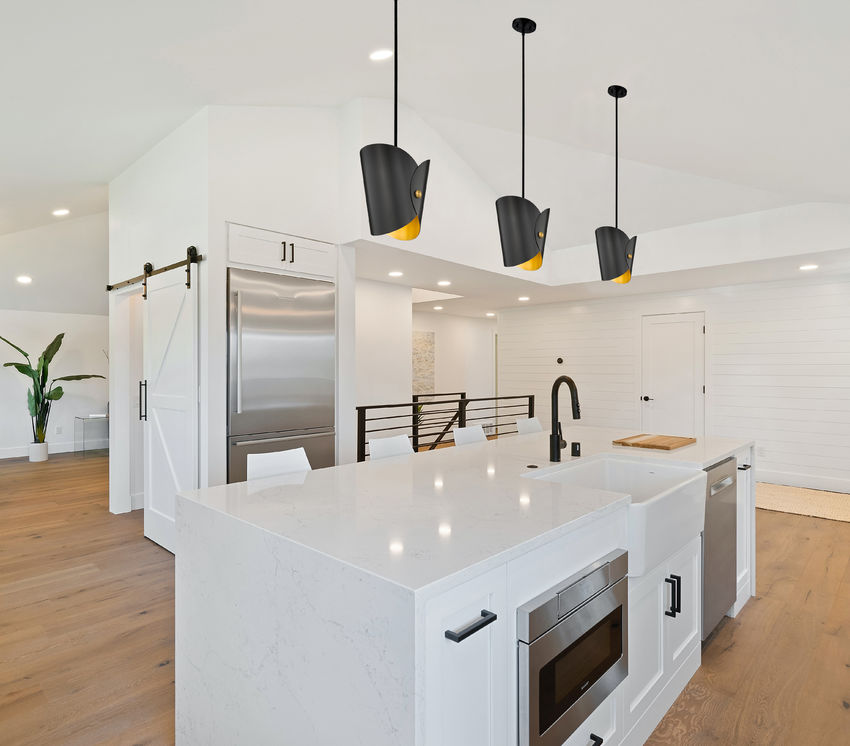 Salone Modern Curved Cone Pendant Light in Matte Black or White + Gold