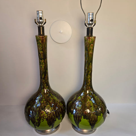 Pair of Large Green & Brown Vintage Glazed Ceramic Table Lamps