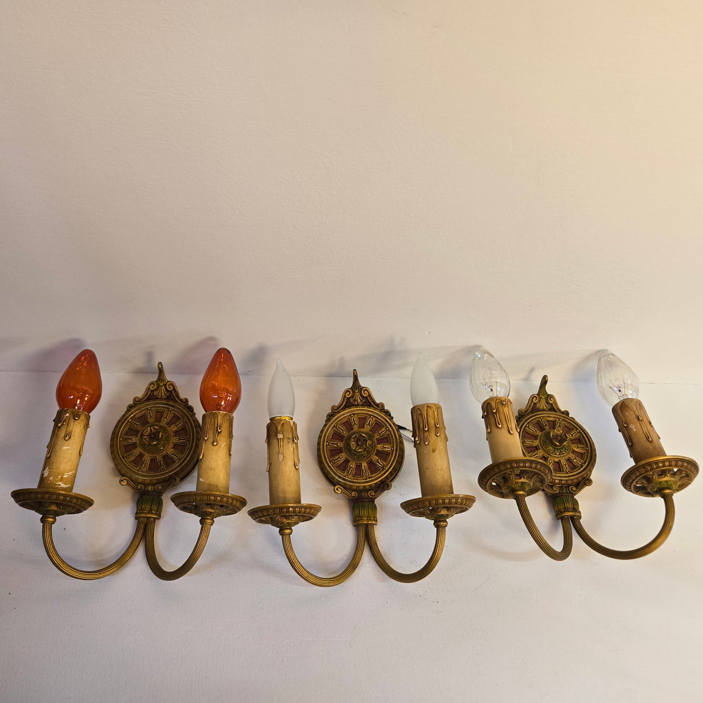 Set of 3 Vintage 1930s 2-Arm Hand-Painted Gold & Floral Brass Candlestick Wall Sconces