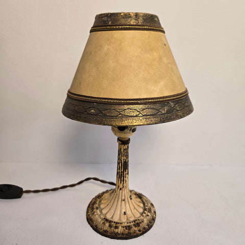 Antique Ivory Hand-Painted Victorian Mini Table Lamp with Parchment & Gold-Leaf Shade