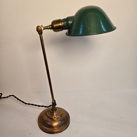 Vintage Antique Brass Adjustable Desk Lamp with Green Painted Metal Parabolic Shade