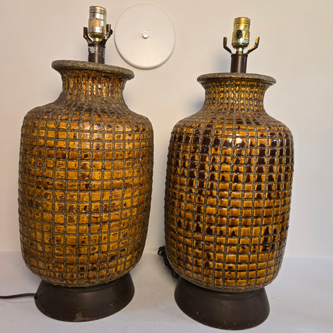 Pair of Vintage 1970s Large Glazed Textured Orange & Brown Ceramic Table Lamps