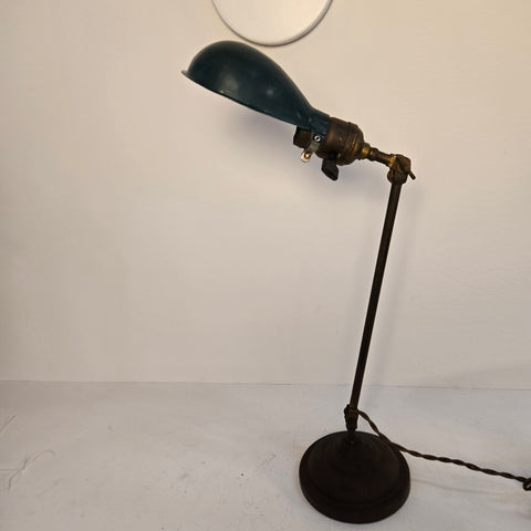 Vintage Antique Brass Adjustable Bronze Desk Lamp with Dark Forest Green Parabolic Shade