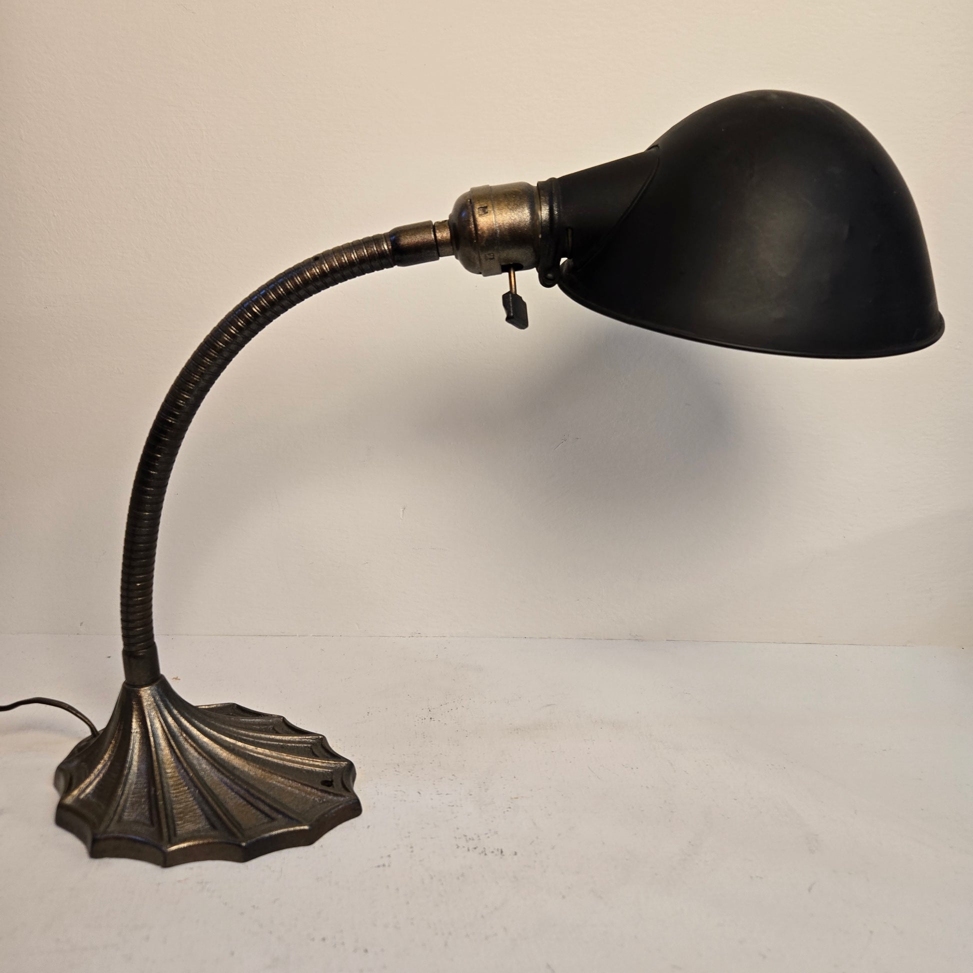 Vintage 1920s Art Deco Antique Brass Adjustable Bronze Desk Lamp with Black Parabolic Shade