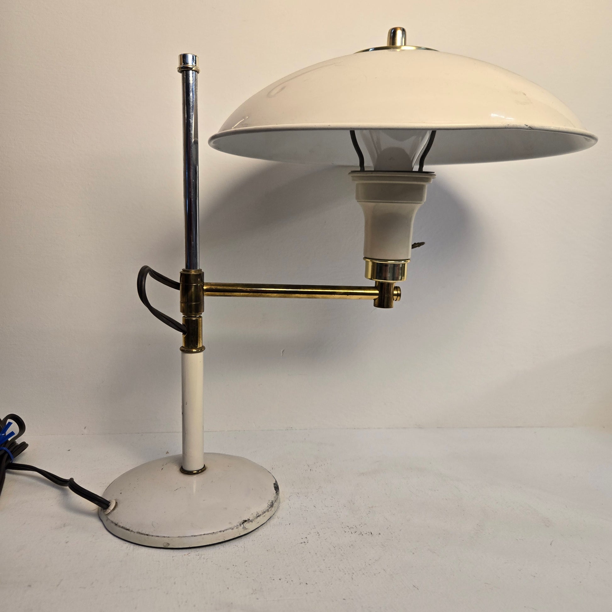 Vintage 1960s Mid Century Modern Ivory Metal & Polished Brass Swing-Arm Adjustable Desk Lamp
