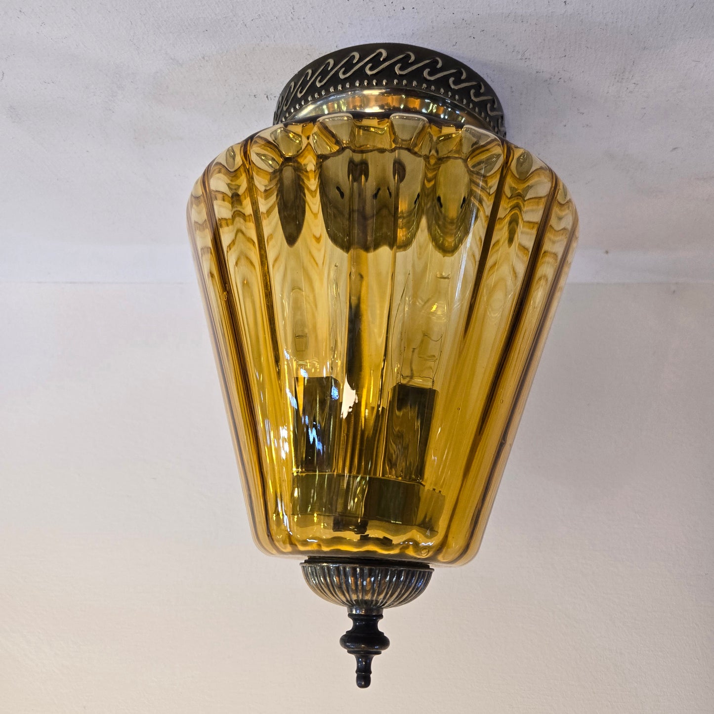 1960s Vintage Fluted Amber Glass & Antique Brass Flush-Mounts or Wall Sconces