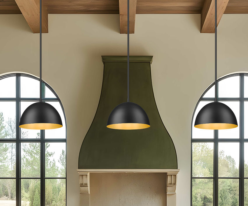 Vega 12" Modern Dome Pendant Light in Matte Black or White with Gold Lining - Midcentury Lighting by Practical Props