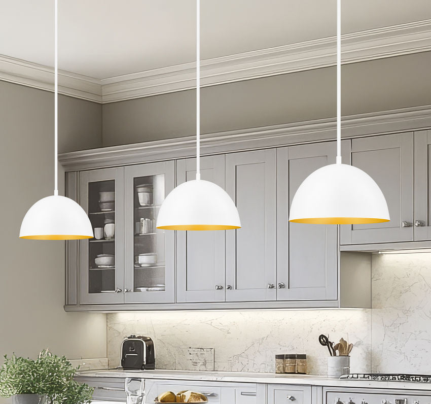 Vega 12" Modern Dome Pendant Light in Matte Black or White with Gold Lining - Midcentury Lighting by Practical Props