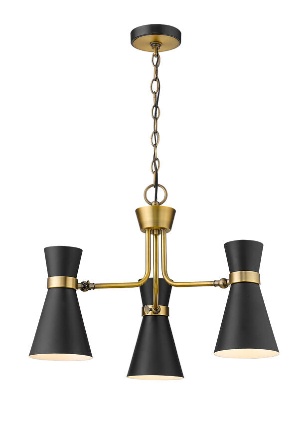 Soriano 3-Light Mid Century Cone Chandelier Pendant in Black + Brass
