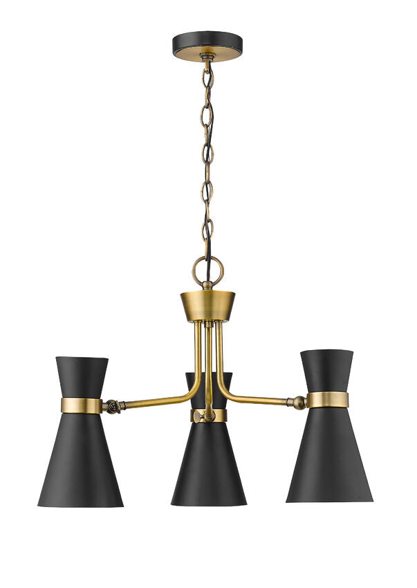 Soriano 3-Light Mid Century Cone Chandelier Pendant in Black + Brass