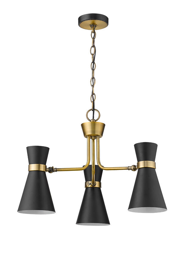 Soriano 3-Light Mid Century Cone Chandelier Pendant in Black + Brass