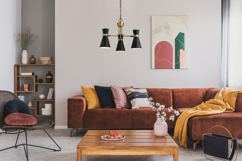 Soriano 3-Light Mid Century Cone Chandelier Pendant in Black + Brass