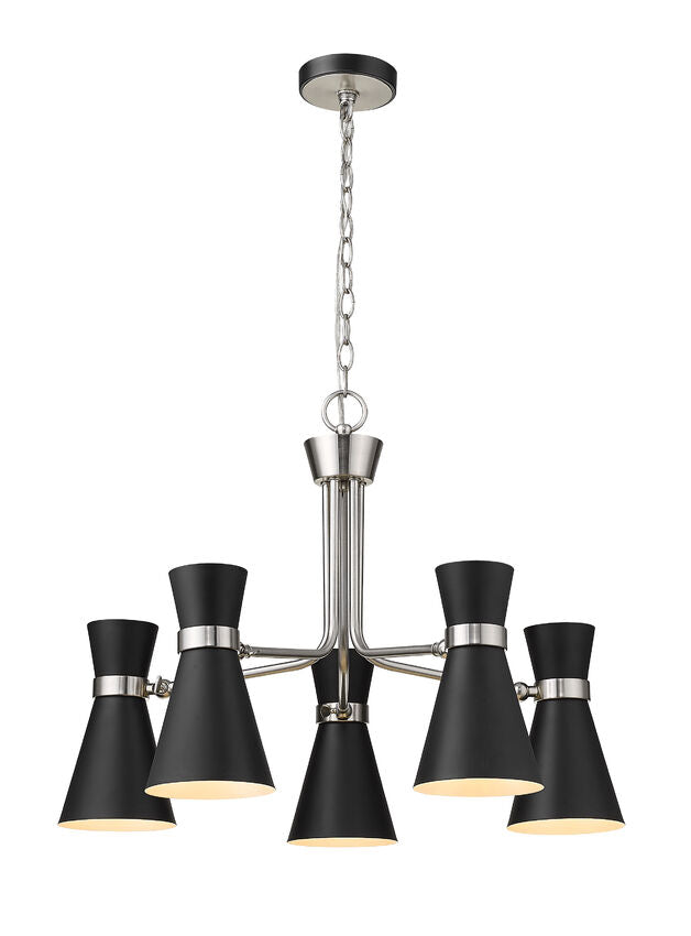 Soriano 5-Light Mid Century Cone Chandelier Pendant in Black + Brass