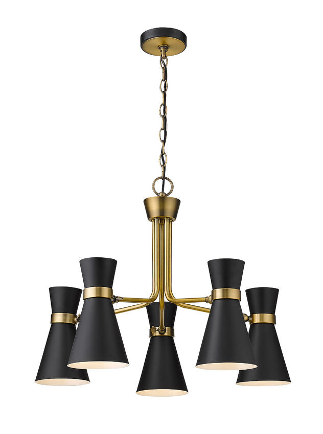 Soriano 5-Light Mid Century Cone Chandelier Pendant in Black + Brass