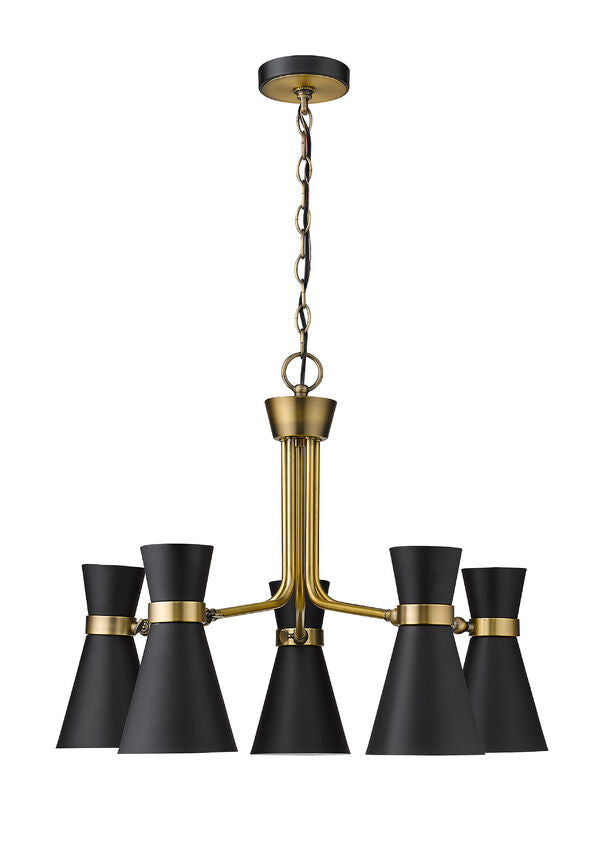 Soriano 5-Light Mid Century Cone Chandelier Pendant in Black + Brass