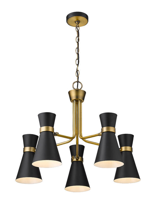 Soriano 5-Light Mid Century Cone Chandelier Pendant in Black + Brass
