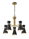 Soriano 5-Light Mid Century Cone Chandelier Pendant in Black + Brass