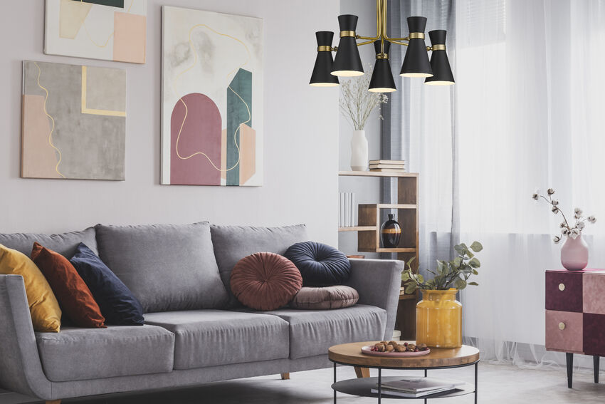 Soriano 5-Light Mid Century Cone Chandelier Pendant in Black + Brass