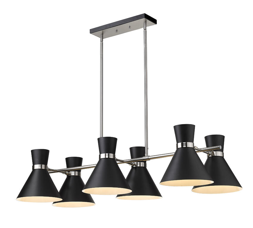 Soriano 6-Light Linear Mid Century Cone Chandelier Pendant in Black + Silver + Brass