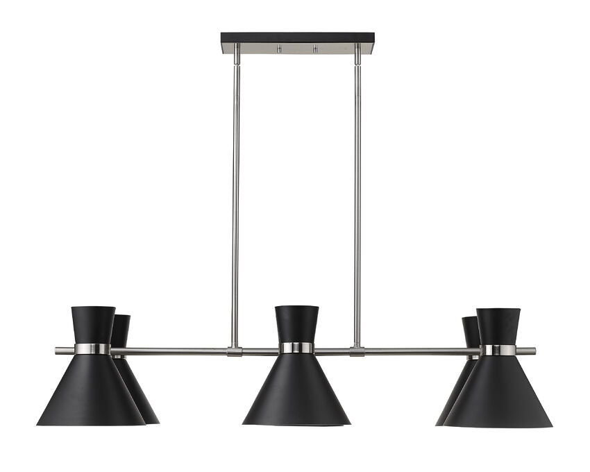 Soriano 6-Light Linear Mid Century Cone Chandelier Pendant in Black + Silver + Brass