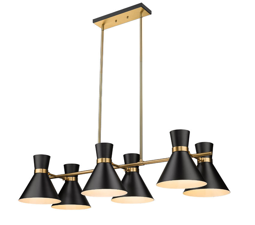 Soriano 6-Light Linear Mid Century Cone Chandelier Pendant in Black + Silver + Brass