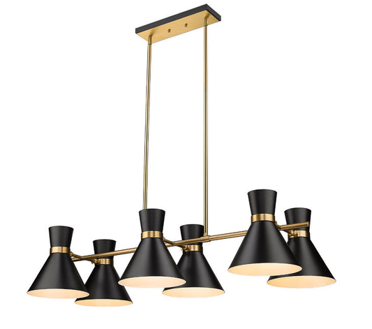 Soriano 6-Light Linear Mid Century Cone Chandelier Pendant in Black + Silver + Brass