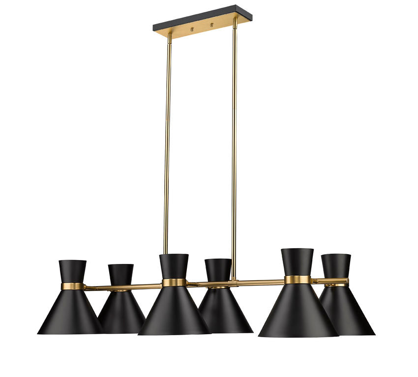 Soriano 6-Light Linear Mid Century Cone Chandelier Pendant in Black + Silver + Brass