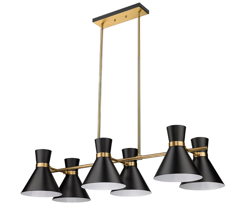 Soriano 6-Light Linear Mid Century Cone Chandelier Pendant in Black + Silver + Brass